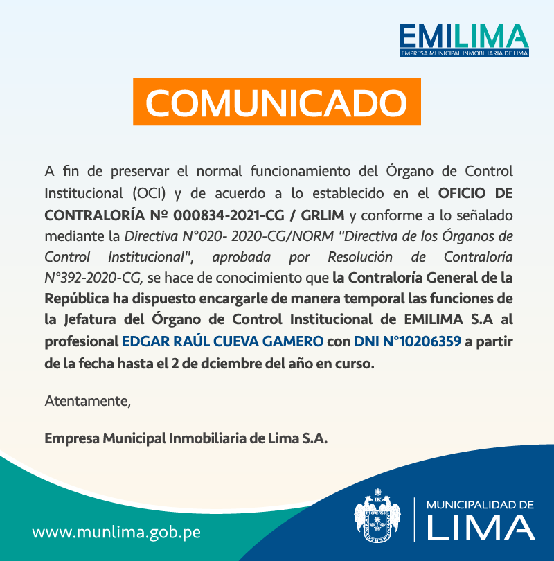 DESIGNACIÓN TEMPORAL DEL PUESTO DE JEFE DEL ÓRGANO DE CONTROL INSTITUCIONAL DEL OCI DE EMILIMA