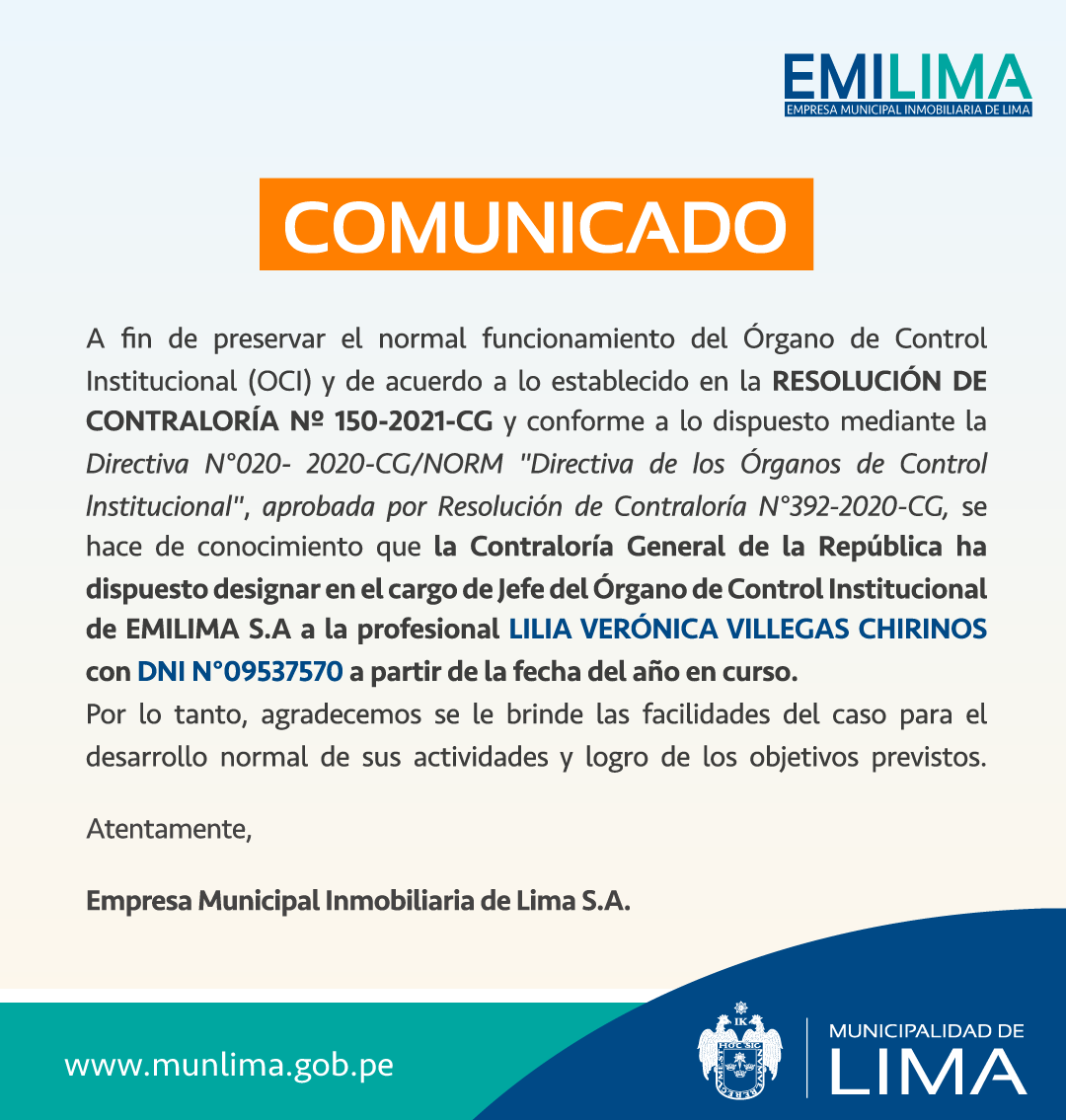 DESIGNACIÓN DEL PUESTO DE JEFE DEL ÓRGANO DE CONTROL INSTITUCIONAL DE EMILIMA
