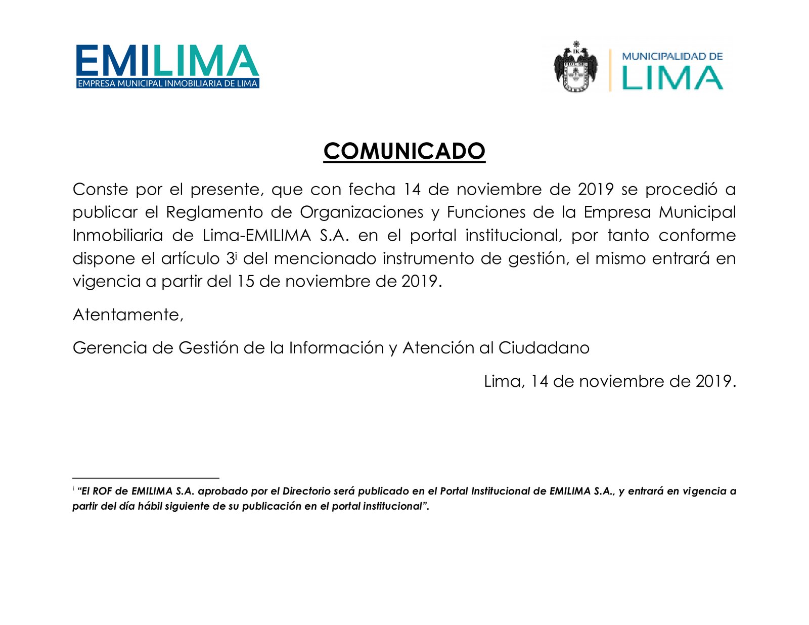 REGLAMENTO DE ORGANIZACIONES Y FUNCIONES DE LA EMPRESA MUNICIPAL INMOBILIARIA DE LIMA-EMILIMA S.A.