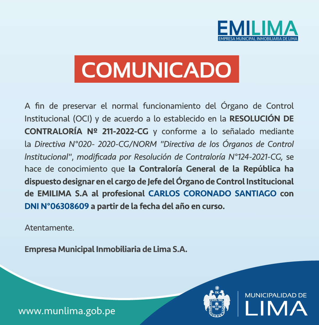 DESIGNACIÓN DEL PUESTO DE JEFE DEL ÓRGANO DE CONTROL INSTITUCIONAL DE EMILIMA