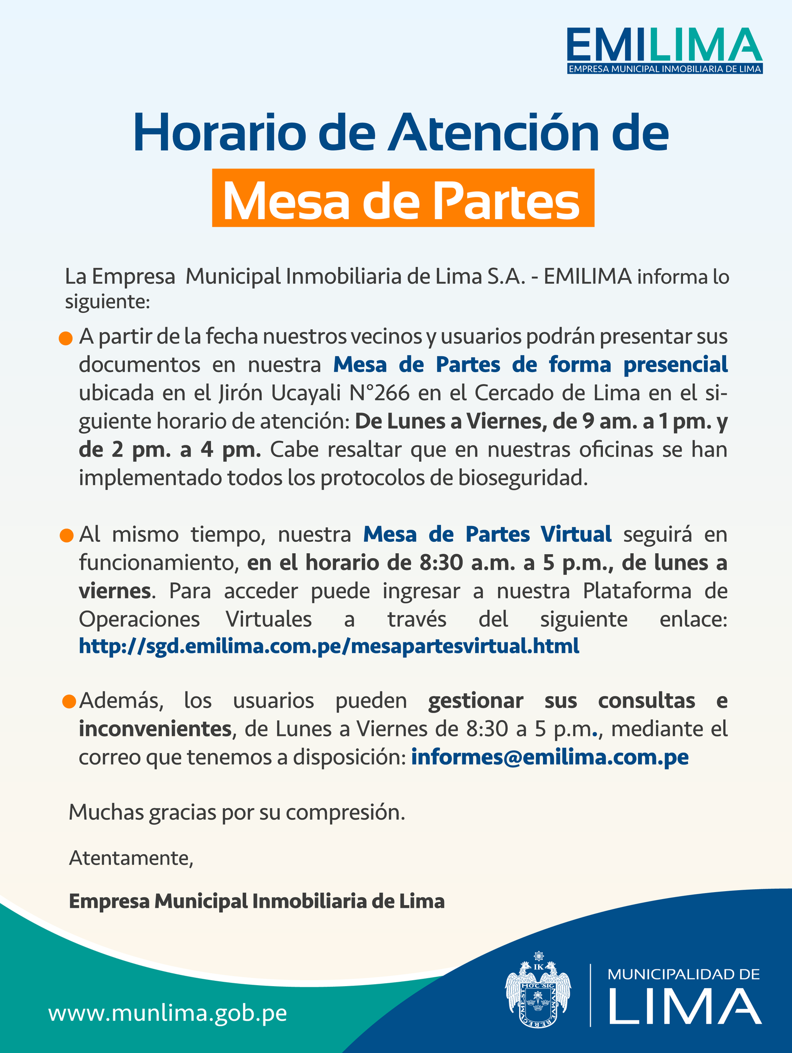 HORARIO DE ATENCIÓN DE MESA DE PARTES