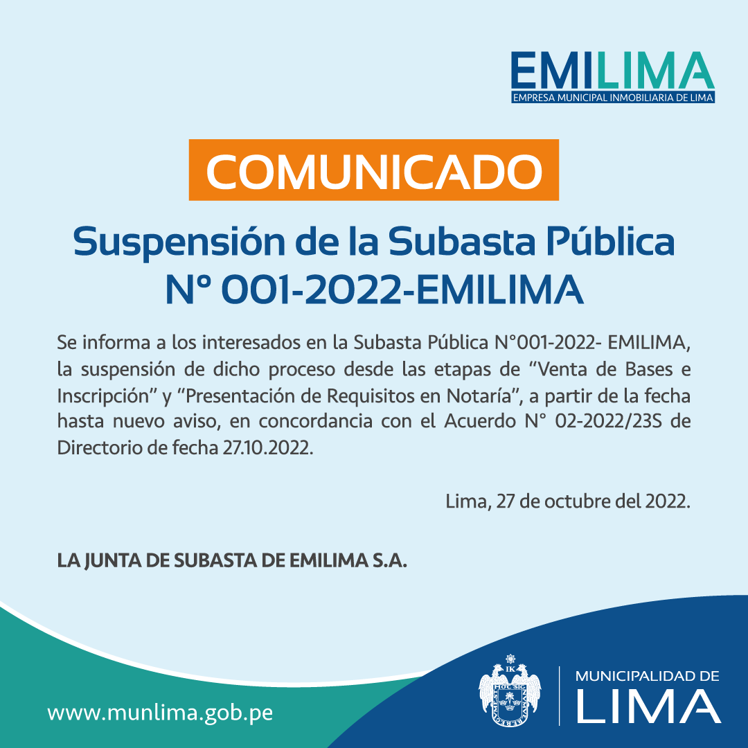 Suspensión de la Subasta Pública N° 001-2022-EMILIMA