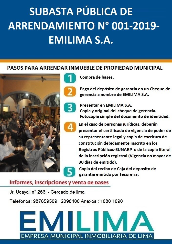 SUBASTA PUBLICA DE ARRENDAMIENTO N001-2019-EMILIMA S.A.