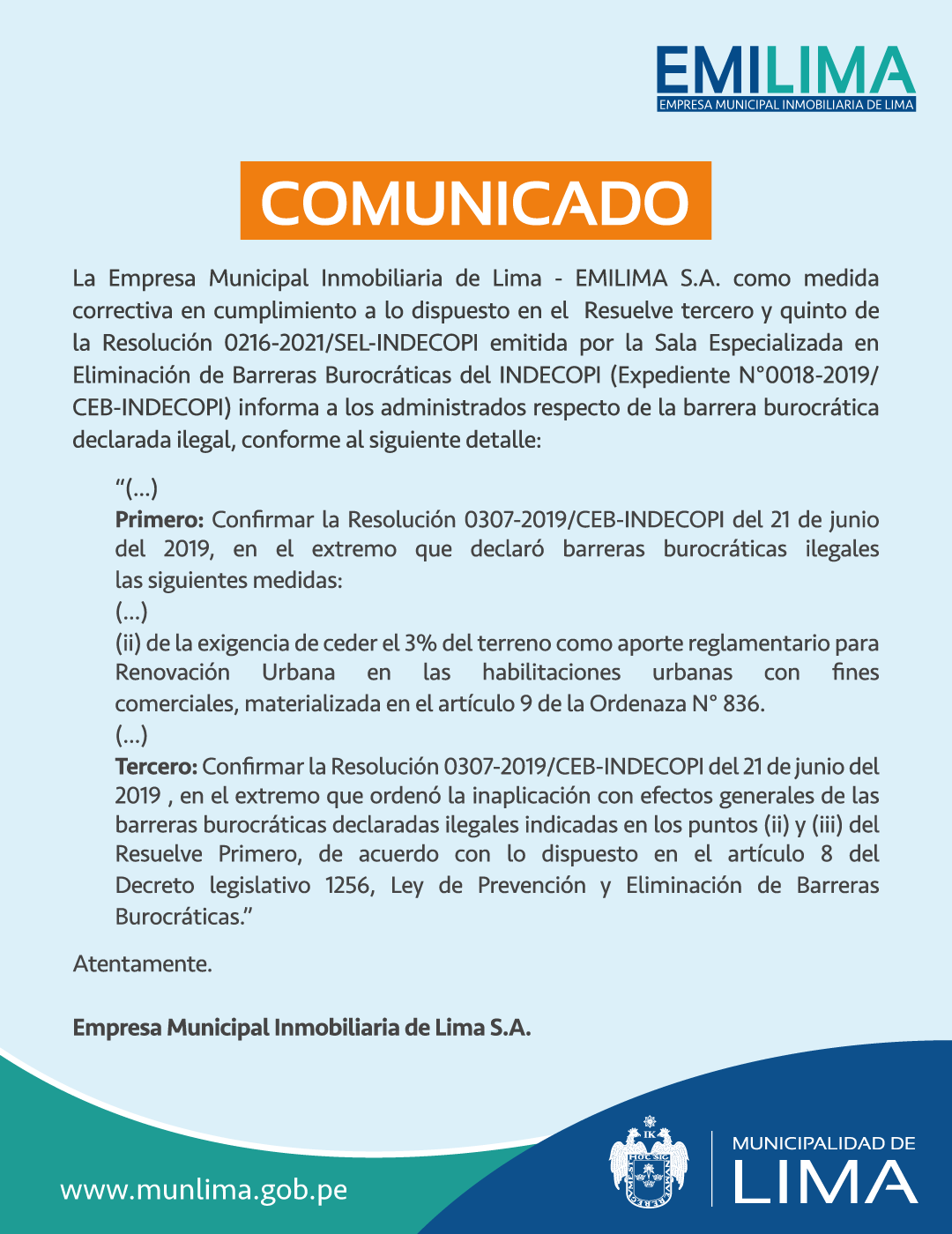 ACCIONES ADOPTADAS POR EMILIMA S.A. EN VIRTUD AL DECRETO LEGISLATIVO 1256